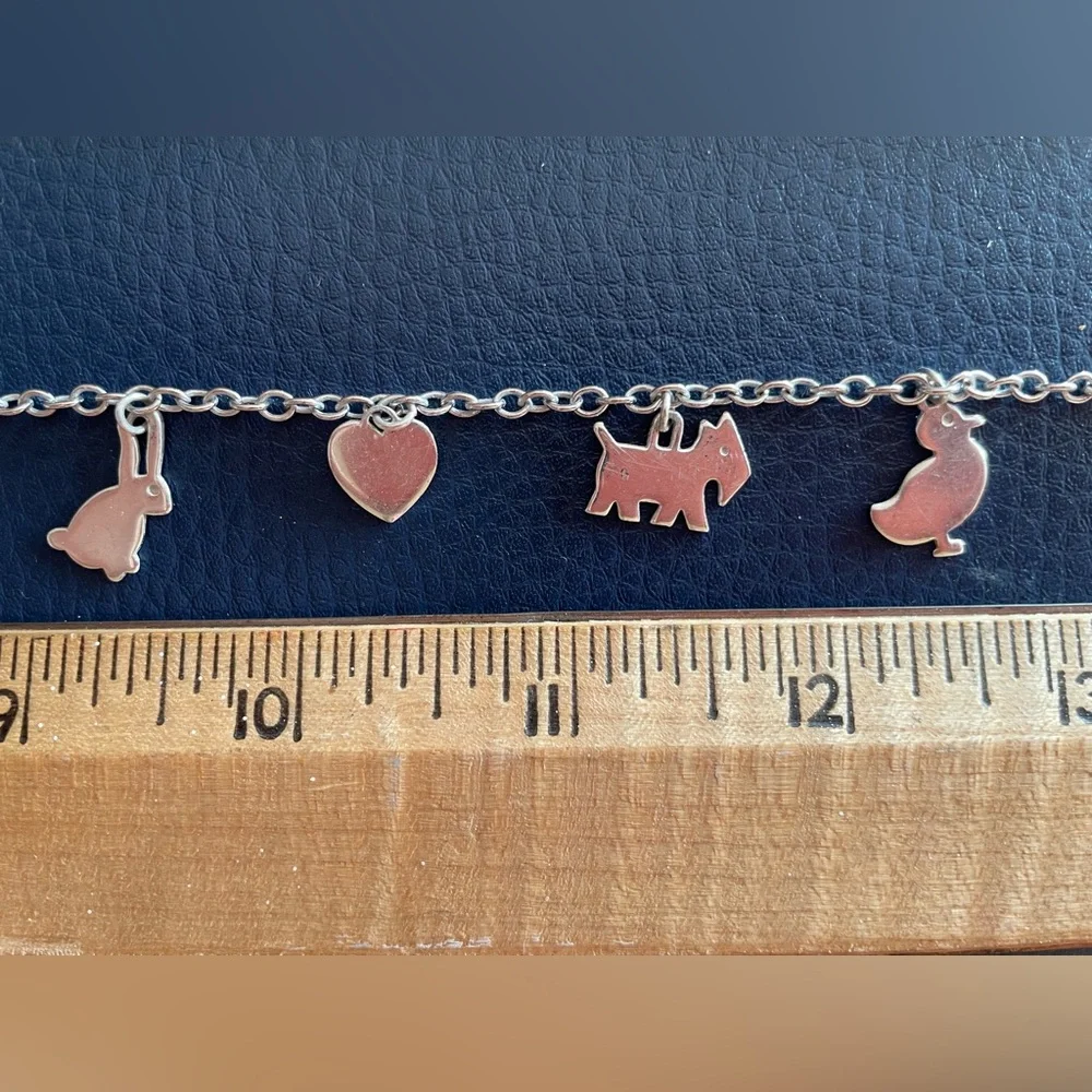 Lenore Doskow Handmade Sterling Silver Antique Charm Bracelet w Animals & Heart!